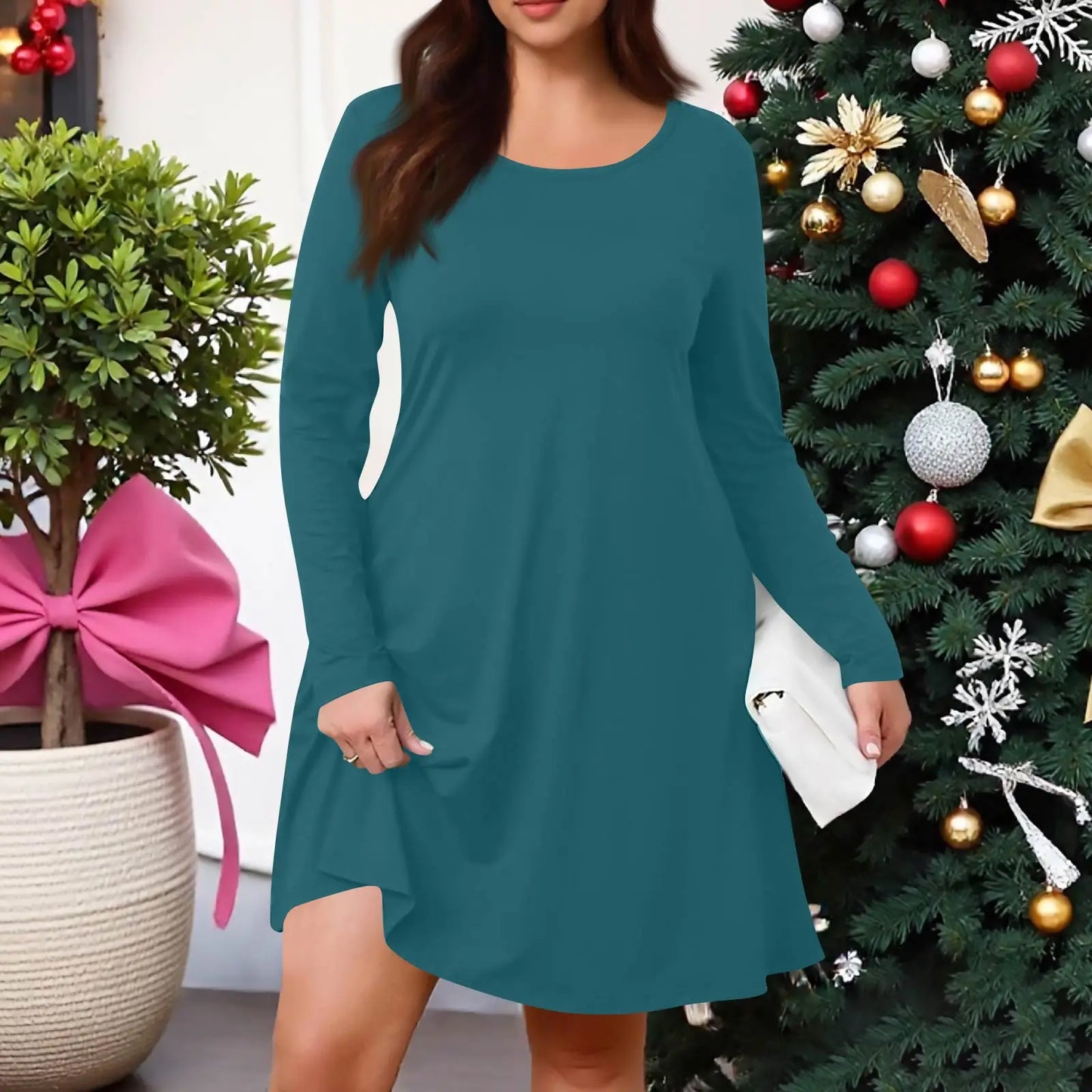 Plus Size Dress for Women Solid-Colour Casual Dress Spring/Autumn Pocket Round Neck Long-Sleeved Dresses vestidos femenino