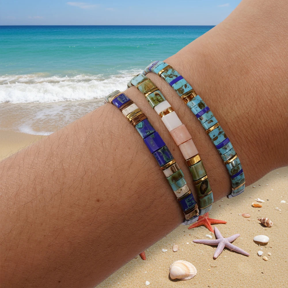 3PCS Colorful Tile Beaded Bracelet Set for Women Girls, Boho Square Beads Stretch Bracelets Summer Beach Holiday Fashion Jewelry