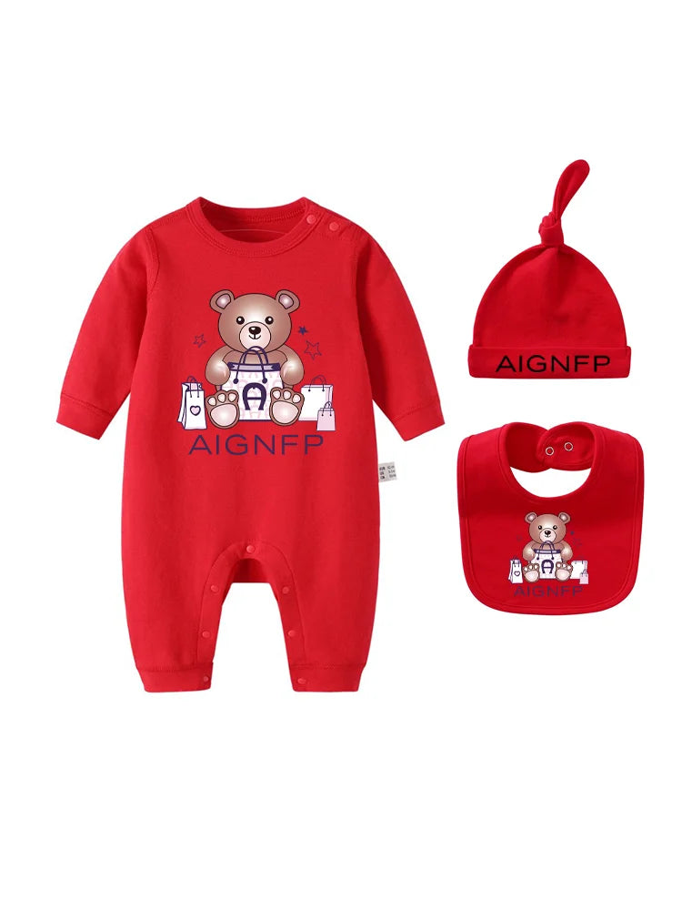 Cute Bear Jumpsuit Newborns Autumn Clothes 2025 Hot Sale New Soft Bib scarf Hat Toddler Romper Sets Baby Long sleeves Bodysuits