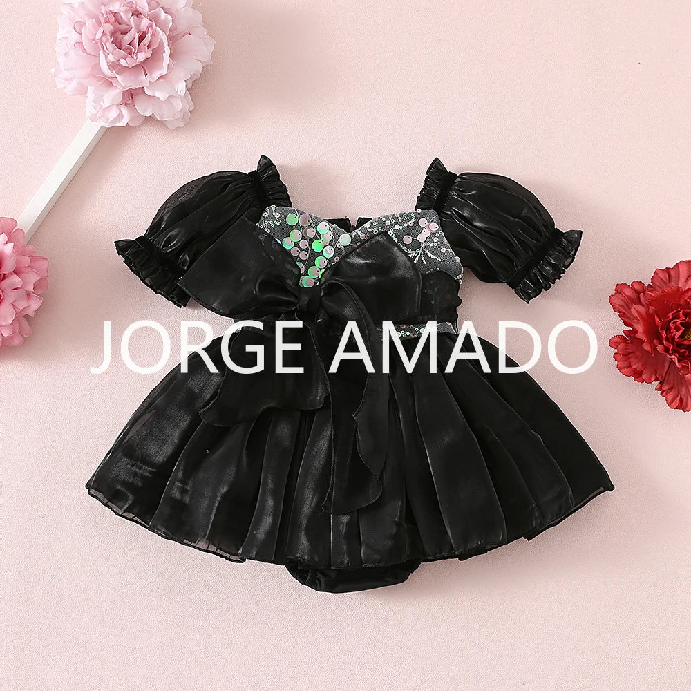 New Summer Sister Girl Matching Romper Dress Short Sling Sleeves Big Bow Bodysuit Sequined Princess Dresses Twins Clothing H1518