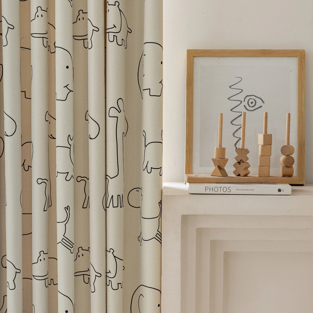 Cartoon Animals Pattern Semi-Blackout Curtains for Kids Bedroom, Beige Window Treatment Drapes for Boy Girl Window Nursery Room