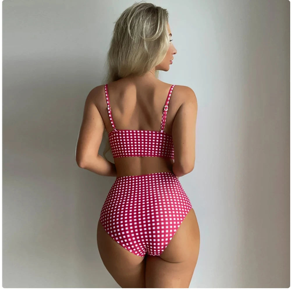 2025 New Sexy Two-piece Bikini Set Women Plaid Swimsuit Sling Backless Swimwear Tight Gathered Beachwear Brazilian Bathing Suit