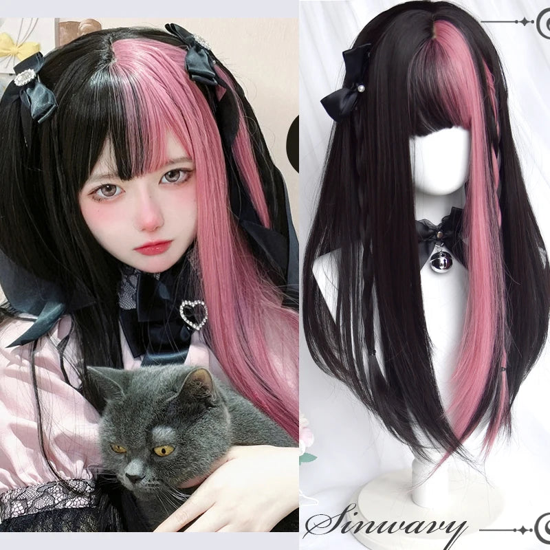 Ombre Pink Brown Wig for Women Cute Lolita Hair Wig with Bangs High Temperature Fibers Synthetic Wigs Headband Wigs for Cosplay