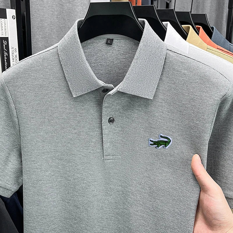 100% Cotton High-End Men New Short-Sleeved Polo Shirt Lapel Button Embroidery British Style Fashion Snug Hot-Selling Men's Wear
