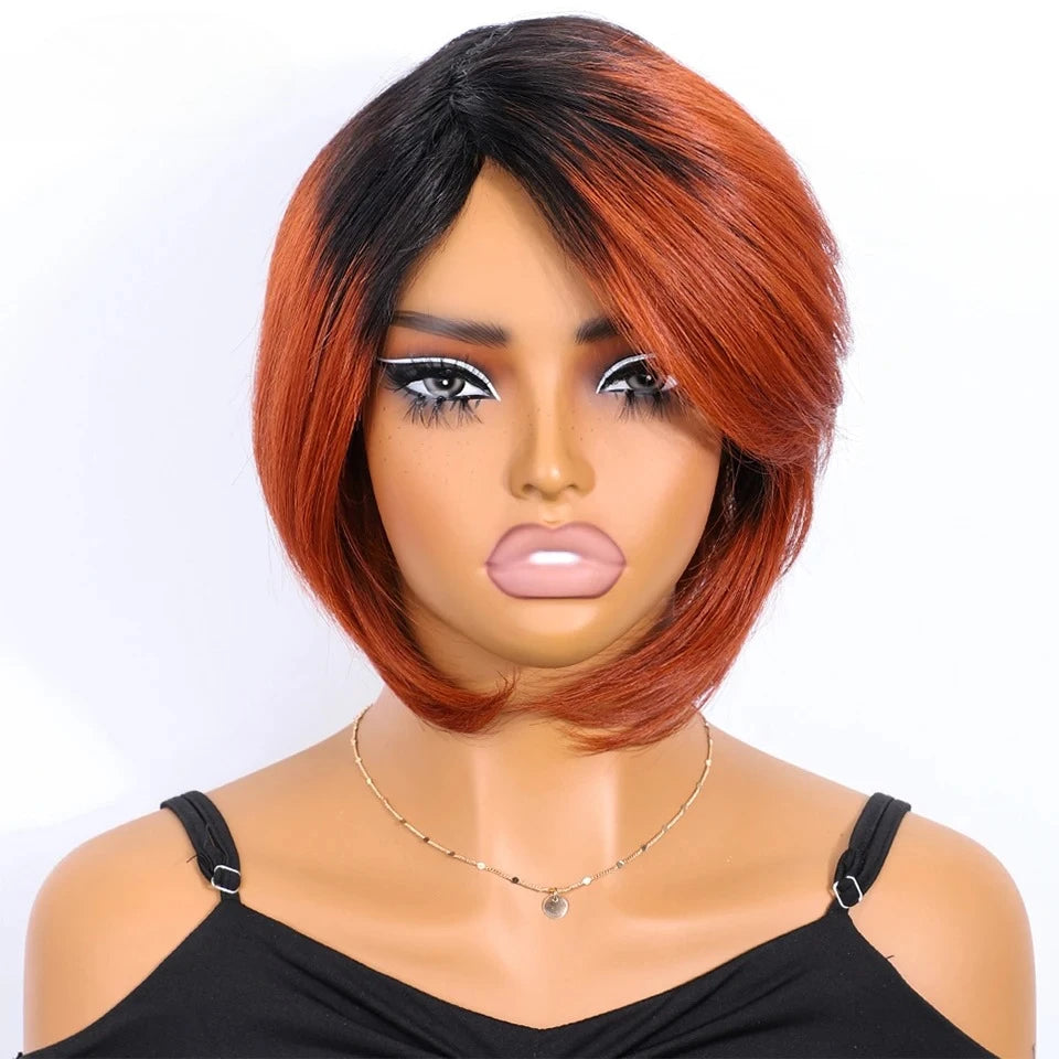 Short Straight Bob Human Hair Wigs With Bangs Full Machine Made Side Part Bob Human Hair Wigs For Women Beginner Friendly