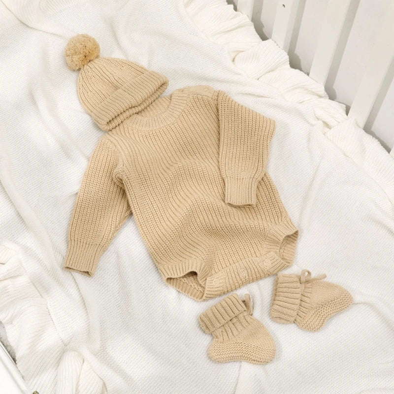 Cosy Infant Knitwear Soft & Comfortable Baby Jumpsuit Set with Matching Bonnet Hat and Booties Socks for Daily Comfort