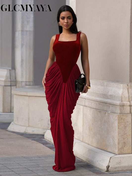 GLCMYAYA Women Velvet Stacked Ruched Sleeveless Bodycon Long Maxi Dresses 2026 Fall Party Trendy Birthday Evening Dress Vestidos