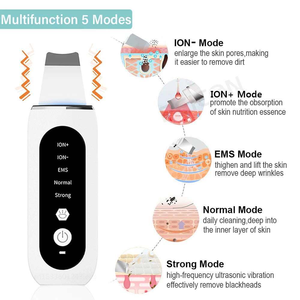 Ultrasonic Skin Scrubber Facial Peeling Machine Face Scrubber Acne Pore Deep Cleaning Facial Cleaning Spatula Blackhead Remover