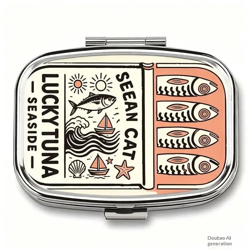 【WA】LUCKY TUNA Sardines Print Metal Pill Box, Portable 2-Compartment Travel Pill Organizer For Vitamins & Pills