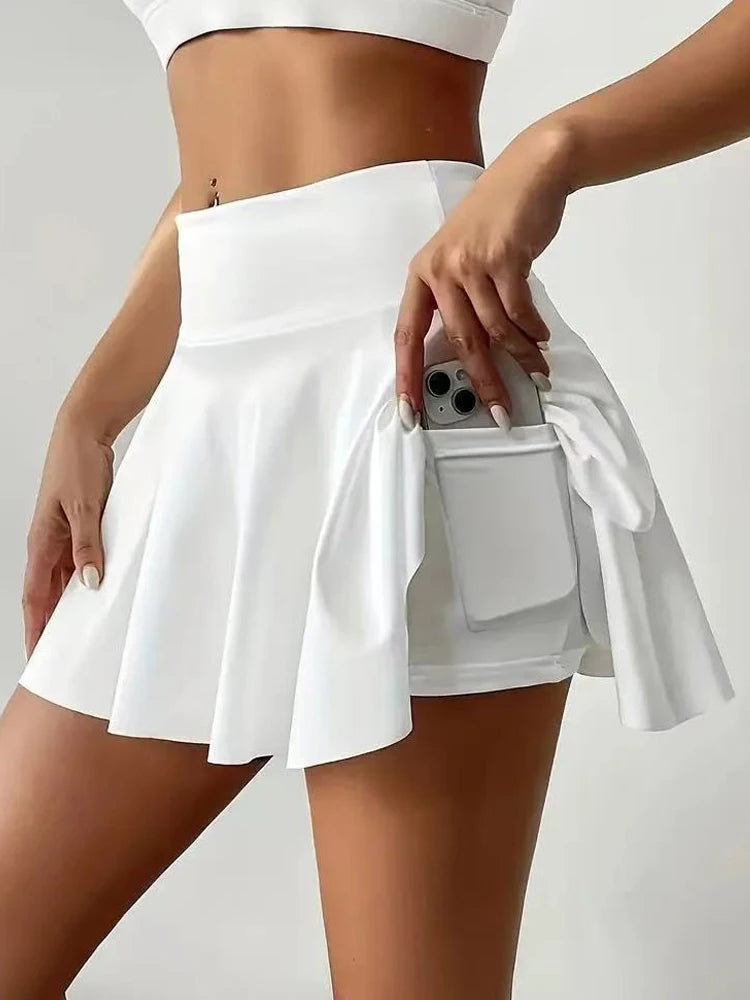 Women's Solid Color High Waist Sports Shorts Skirts Summer Tennis Skirt with Pockets Fashion Quick Dry Running Fitness Skirts