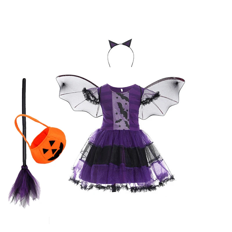5 Styles Halloween Costume for Kids Girls Purple Bat Dress Halloween Fantasy Vampire Costume with Hat Broom Pumpkin Belt Set