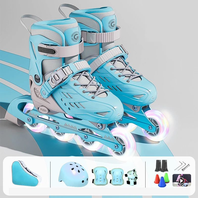 4 Wheels Flashing Inline Skates with Full Protective Gear Set Helmet Knee Pads Elbow Pads Carry Bag Adjustable Size for Boy Girl