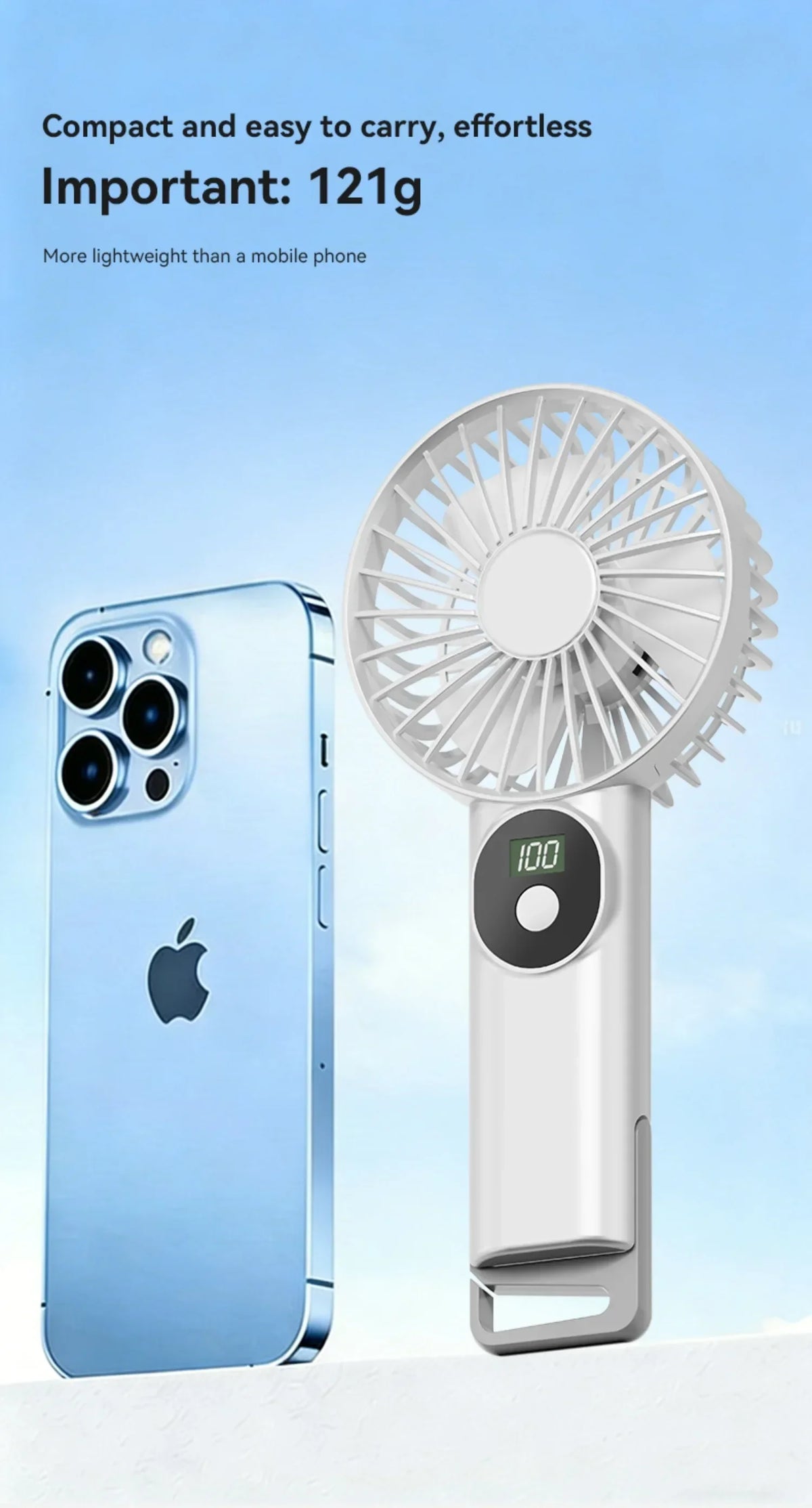 5 Levels Air Cooling Fan with Buckle Portable Handheld Fan LED Screen Outdoor for Home Office Outdoor USB-C Rechargeable Fans