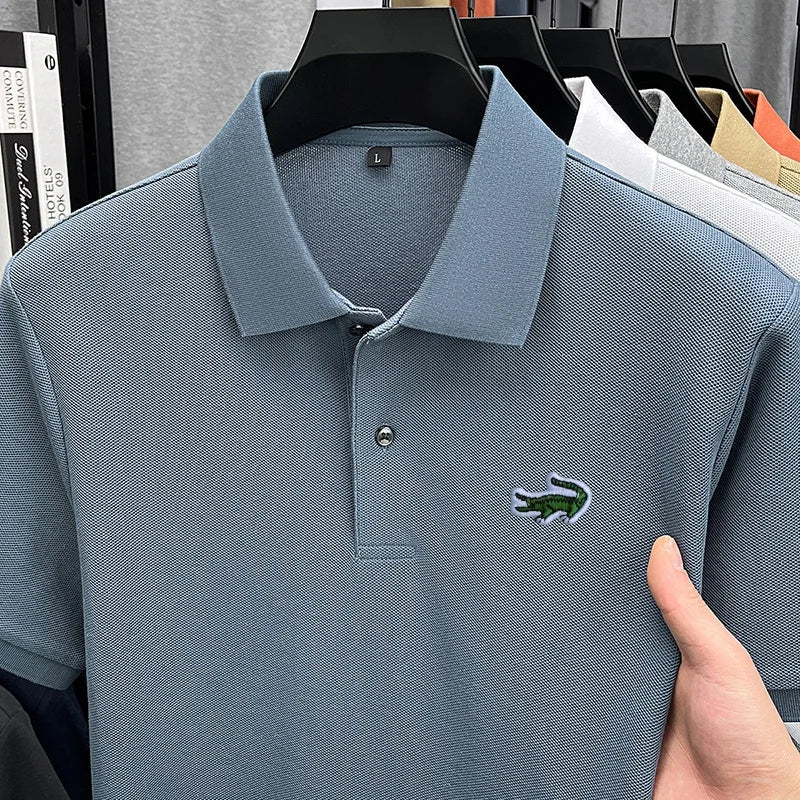 100% Cotton High-End Men New Short-Sleeved Polo Shirt Lapel Button Embroidery British Style Fashion Snug Hot-Selling Men's Wear