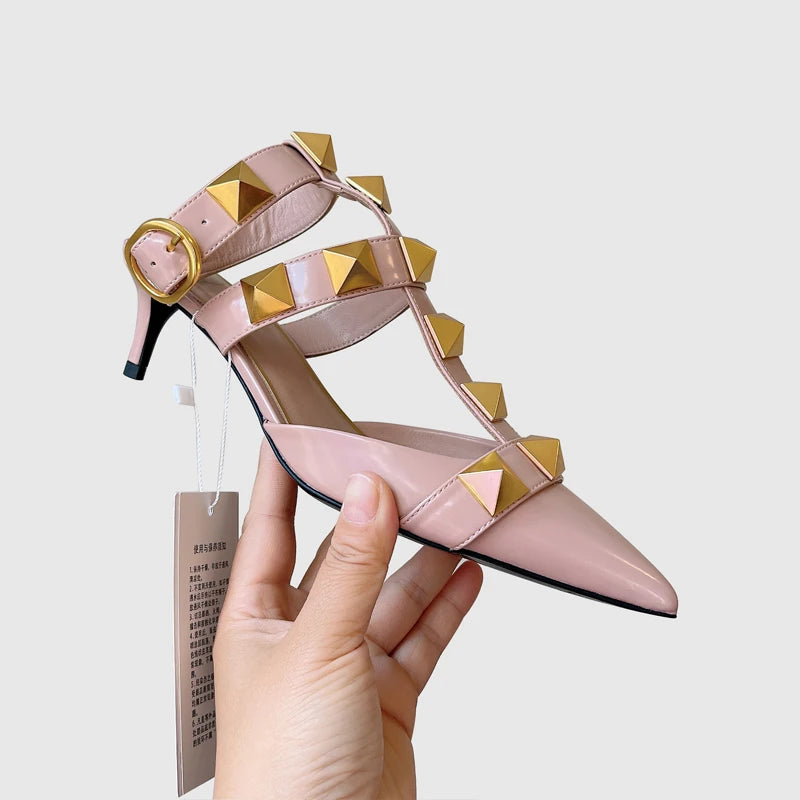 Women's Fashion Rivet High Heels 2023 Spring/Summer New Baotou Sandals Pointed Single Shoes