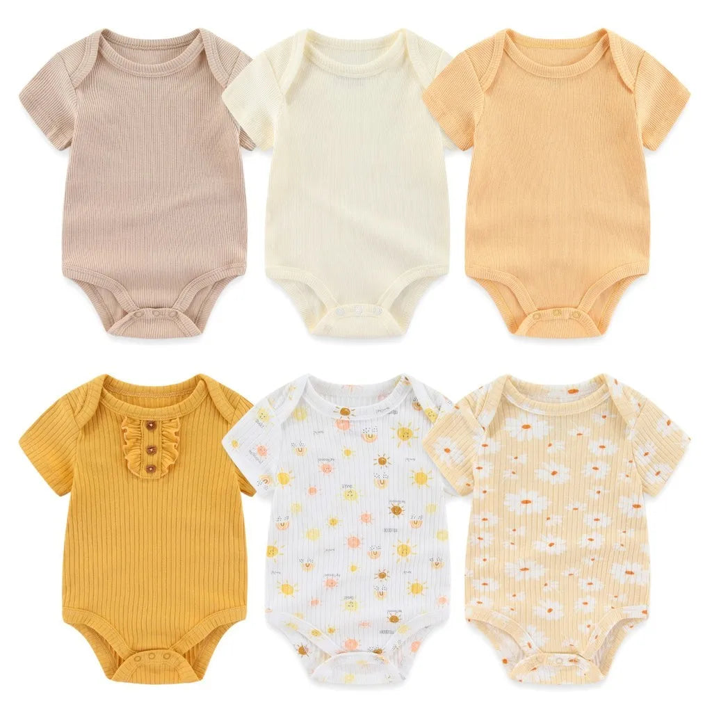 Newborn Ribbed Bodysuits Set 6PCS Cotton Baby Girl Clothes Animal Print Baby Boy clothes Solid Color Short Sleeve