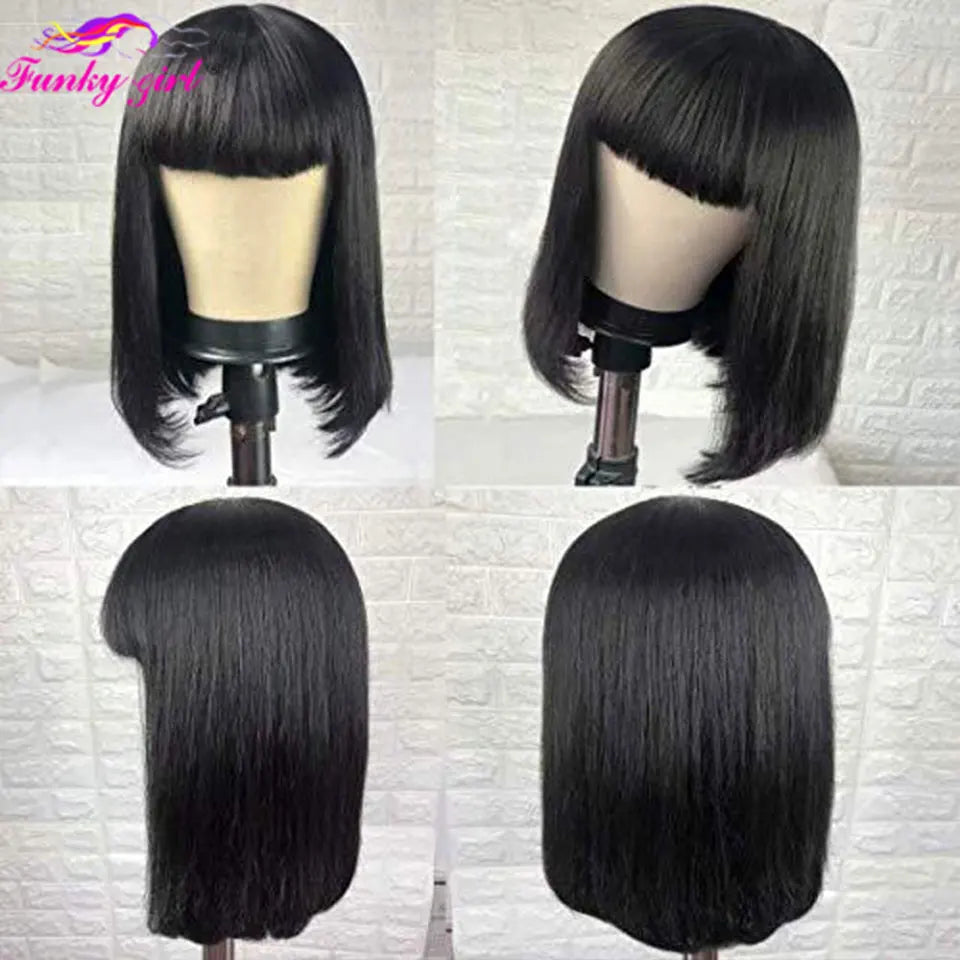 100% Human Hair Wig With Bangs Brazilian Straight Bangs Bob Wigs Full Machine Made Wig For Women Short Bob Wigs 8-16Inch