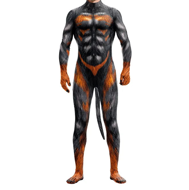 Halloween Costume  Adult Mens Wild Animal Cosplay Costume Full Cover 3D Print Beast Petsuit Jumpsuit Bodysuit Tail
