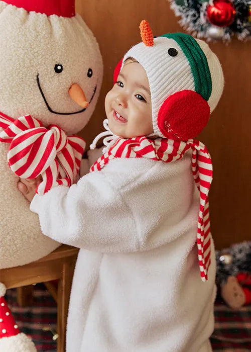 2025 New Christmas Onesie Baby Girls Boys White Fleece Warm Rompers Jumpsuit+Scarf+Cute Snowman Hat Toddler Xmas Outfits A8198