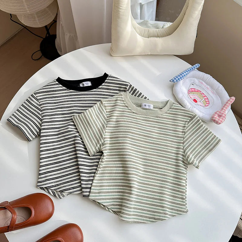Children's Short Sleeve Boys Girls Summer New Striped T-shirt Baby Thin Bottoming Shirt Casual Wear