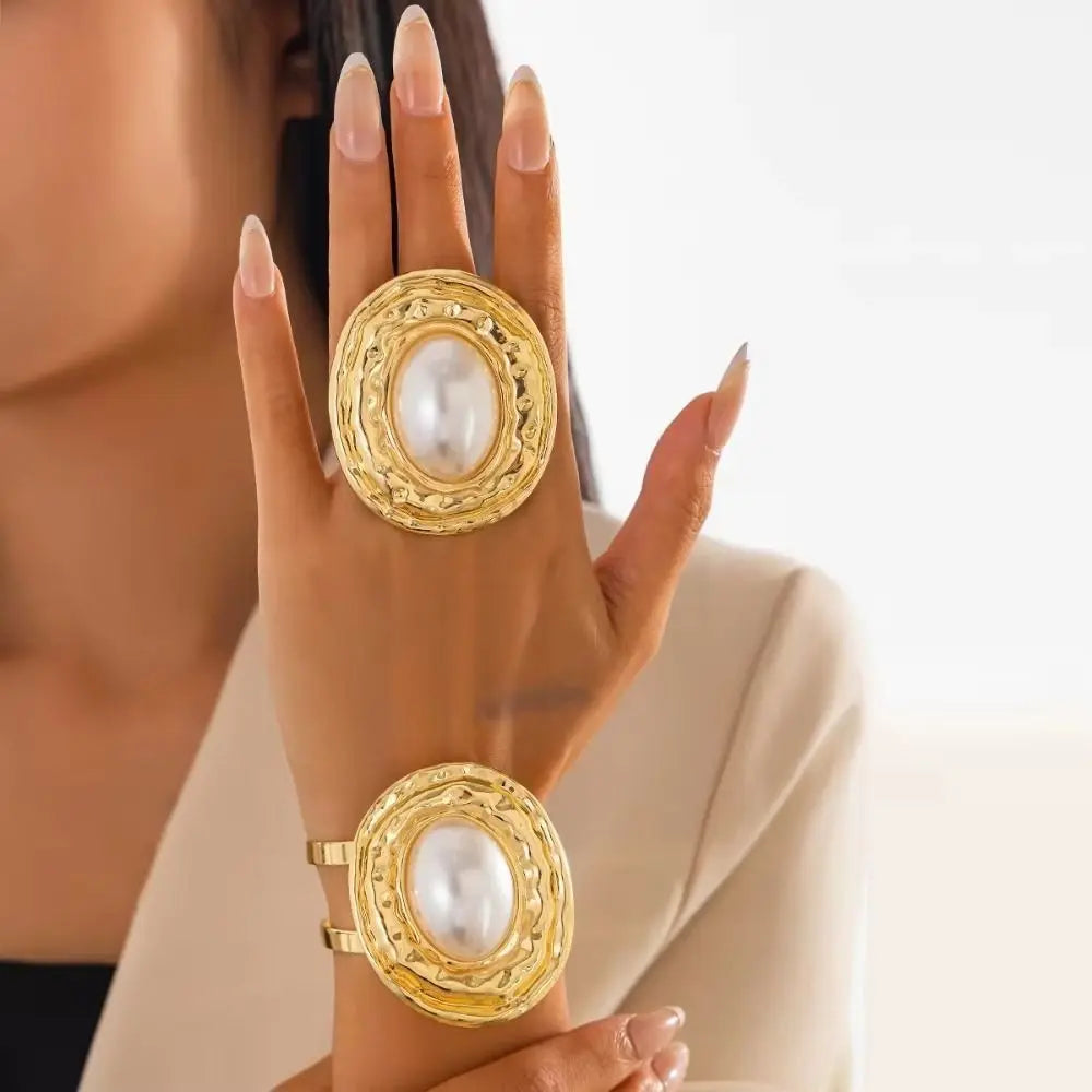 2pcs/set Exaggerated Bracelets Rings Set Irregular Geometric Jewelry Sets Gold Silver Color Elliptical Wide Bracelets