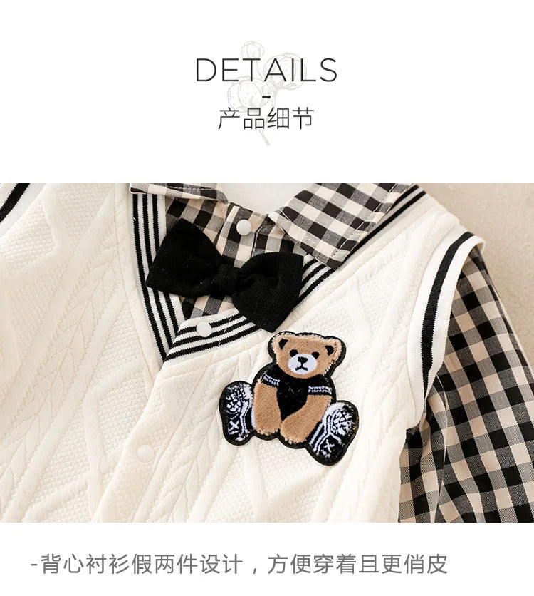 Baby Boys Faux Vest & Shirt 2-Piece Style Bodysuit  Romper Crawling Suit for Newborn Infant Cute Chic Gentleman Outfit