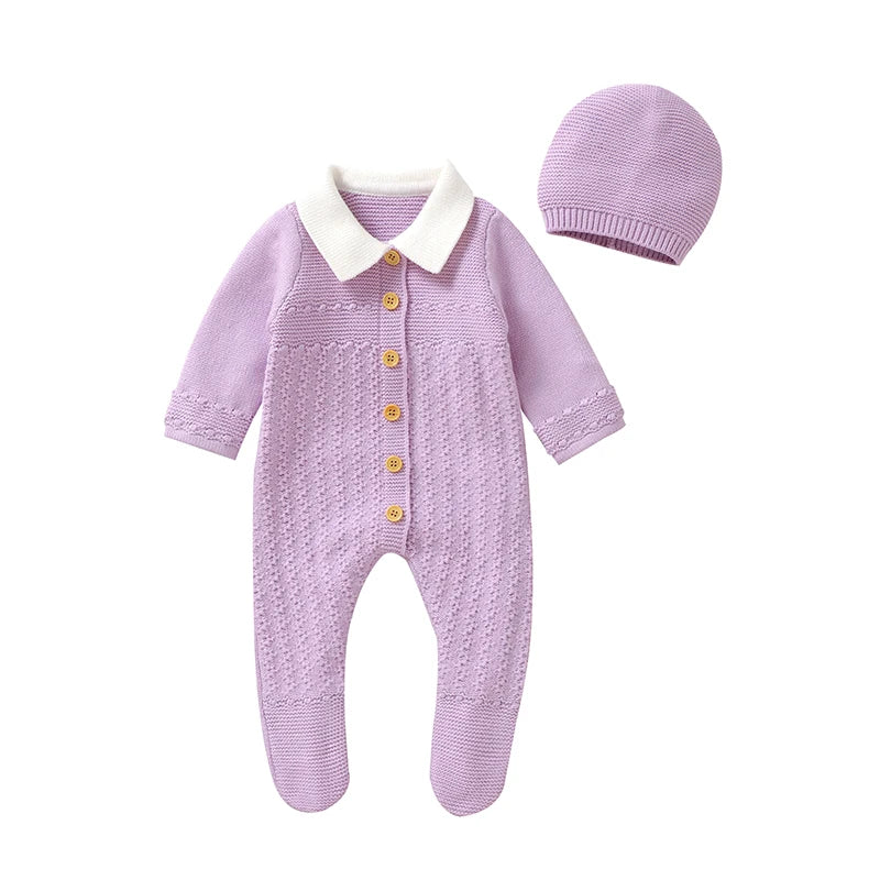 Baby Rompers Set Knit Infant Children Clothes Hat 0-9M Fashion Solid Newborn Girls Jumpsuit Long Sleeve Overalls Pantyhose 2pcs