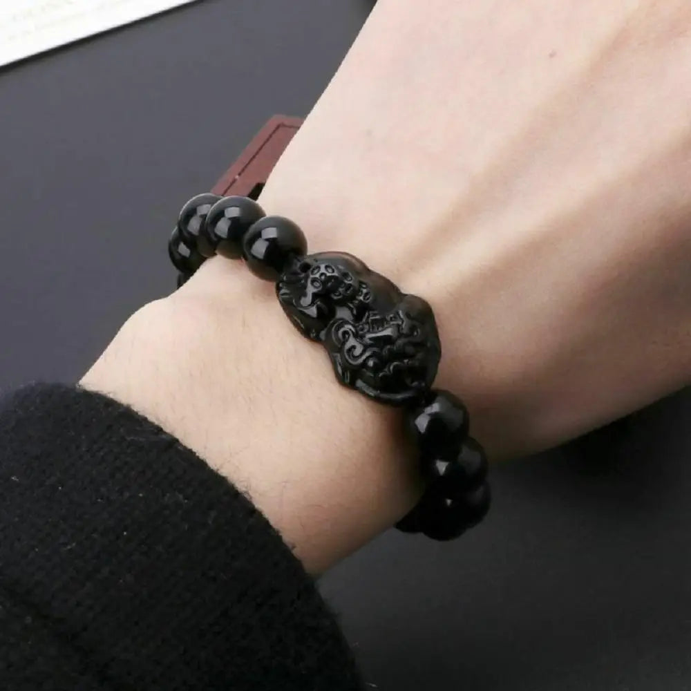 Fashion Jewelry Unisex Pixiu Men Attract Wealth Women Bracelets Obsidian Stone Beads Wristband Good Luck Bangle