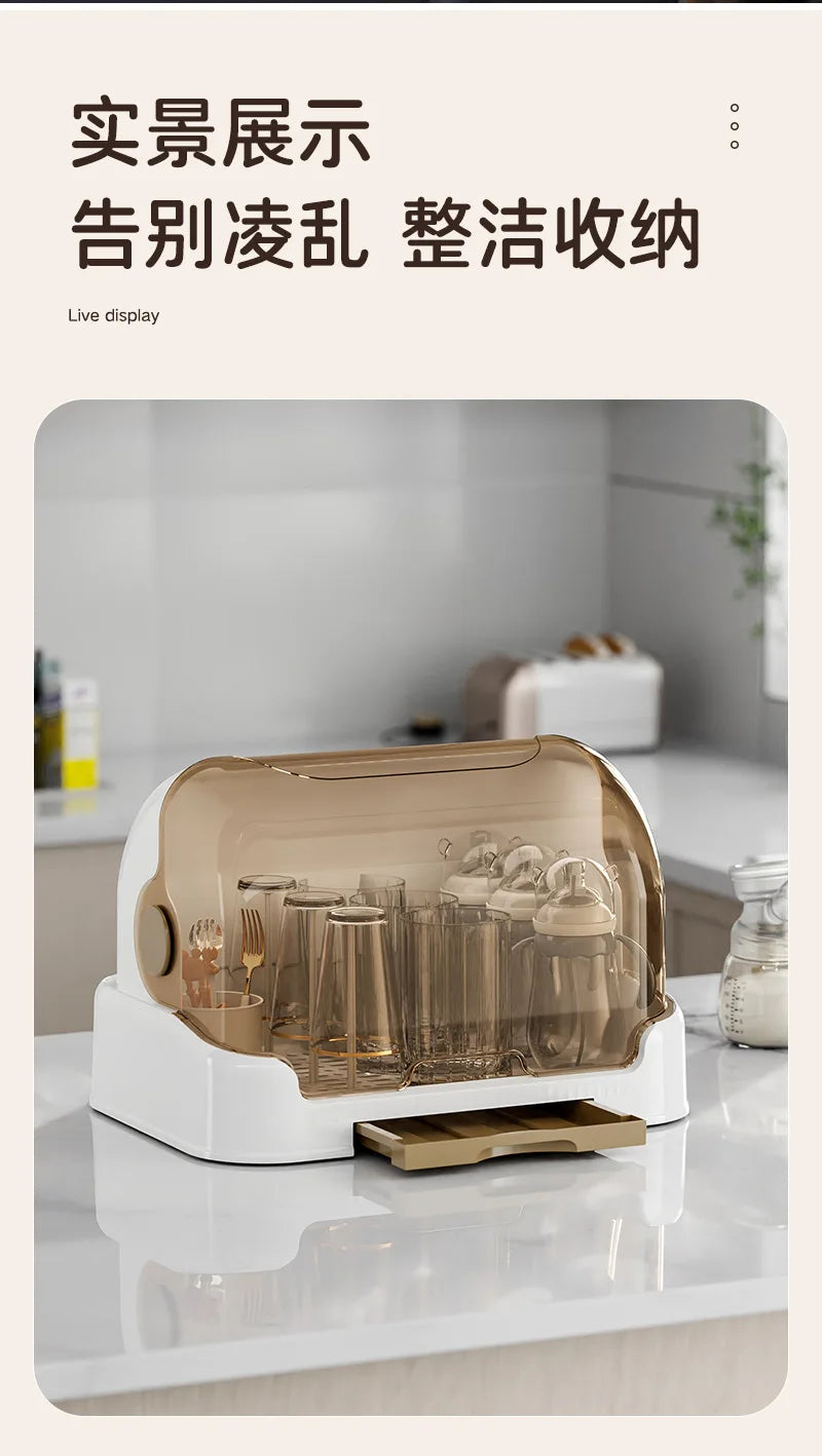 New Baby Bottle Drying Rack & Bottle Organizer Dustproof Storage Container with Removable Drip Tray, Hygienic Feeding Accessorie