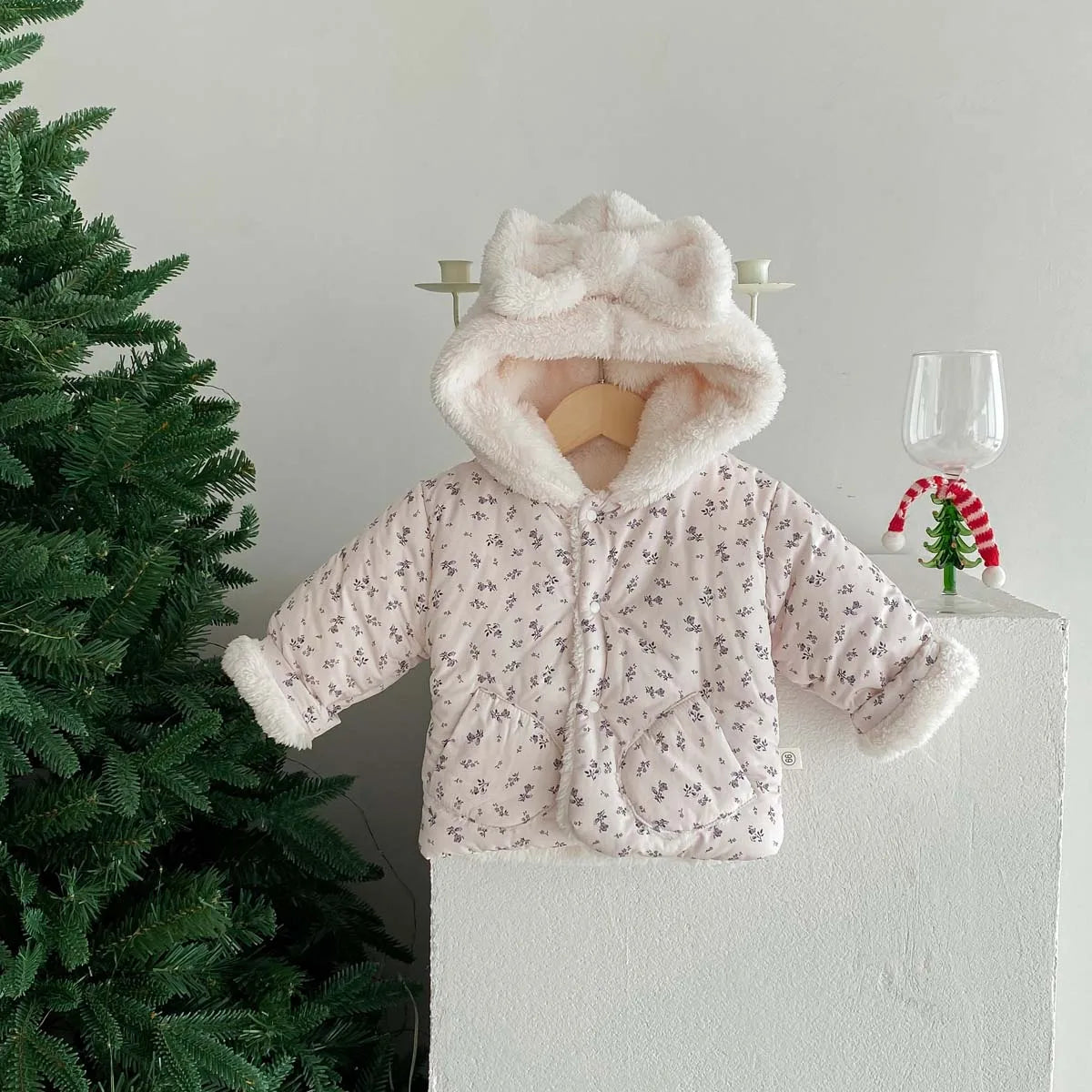 Baby fleece-lined Winter Men's and Women's Baby Clothes Bowknot Hooded Korean-style Newborn Warm Cotton-padded Jacket