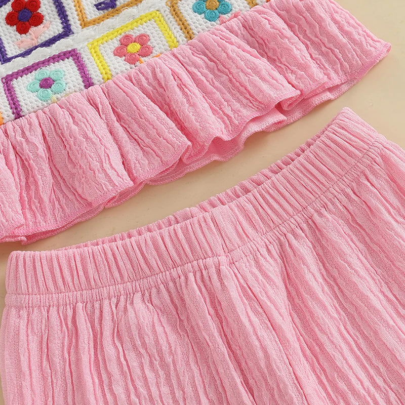 Toddler Girl Crochet Outfit Crochet Floral Crop Top Sleeveless Camisole Ruffle Top and Pant Set Baby Summer Clothes