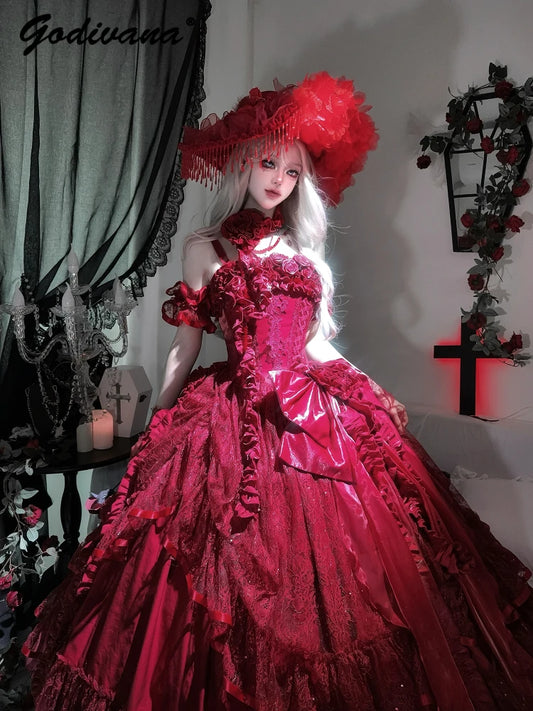 Original Burgundy Fish Bone Flower Wedding Dress Lolita Girl Women's Fairy Lace Bow Slim Maxi Long Party Birthday Dresses