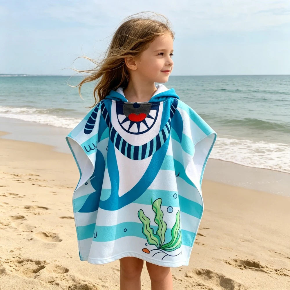 60-120cm Kids Hooded Bath Beach Poncho Towels Baby Quick Dry Bathrobe Child Cartoon Cloak Poncho Towels Microfiber Swim Cover-up
