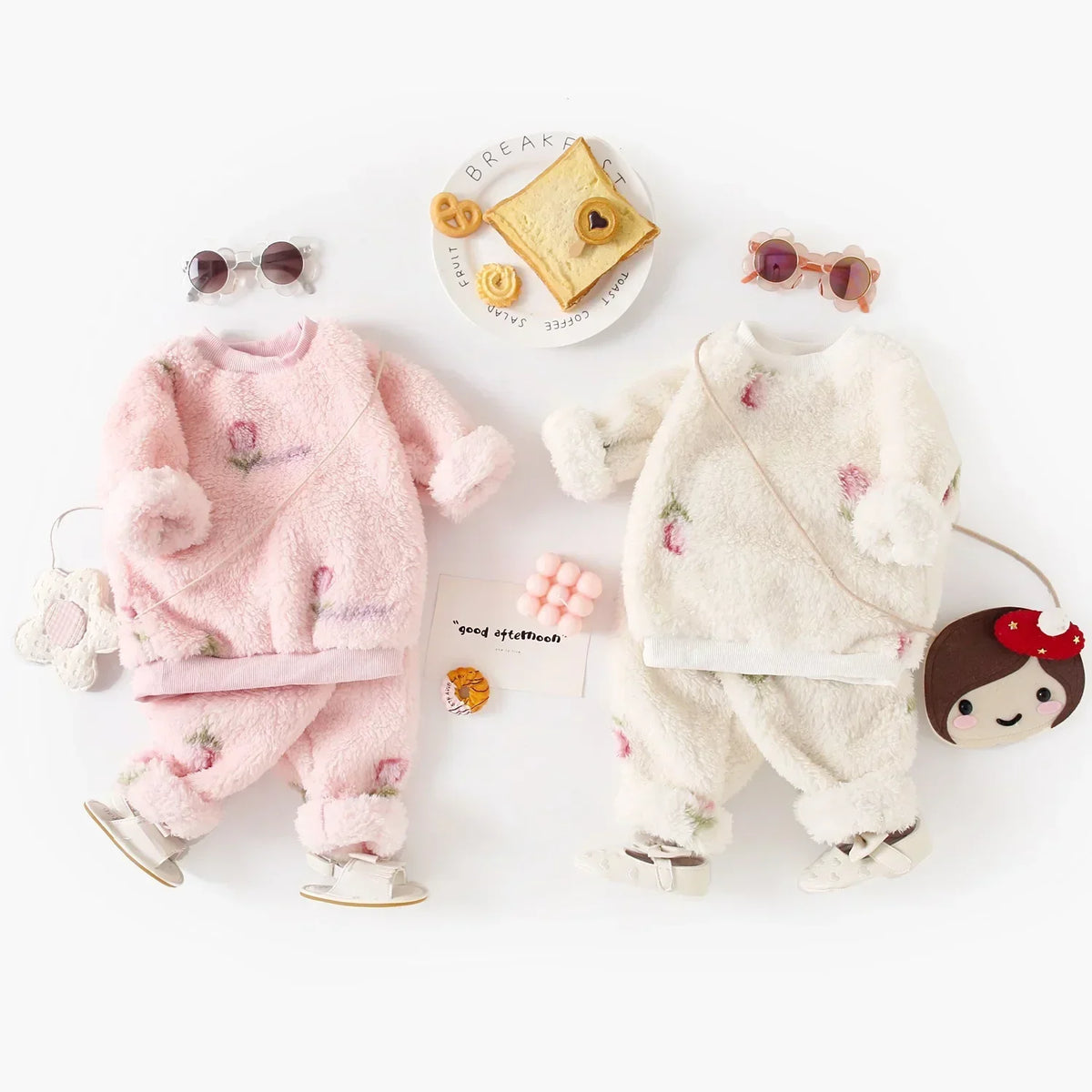 Winter Long Sleeve Baby Outfits Sets Little Kids Tops + Pants Cute Fleece Thickened Floral Clothing