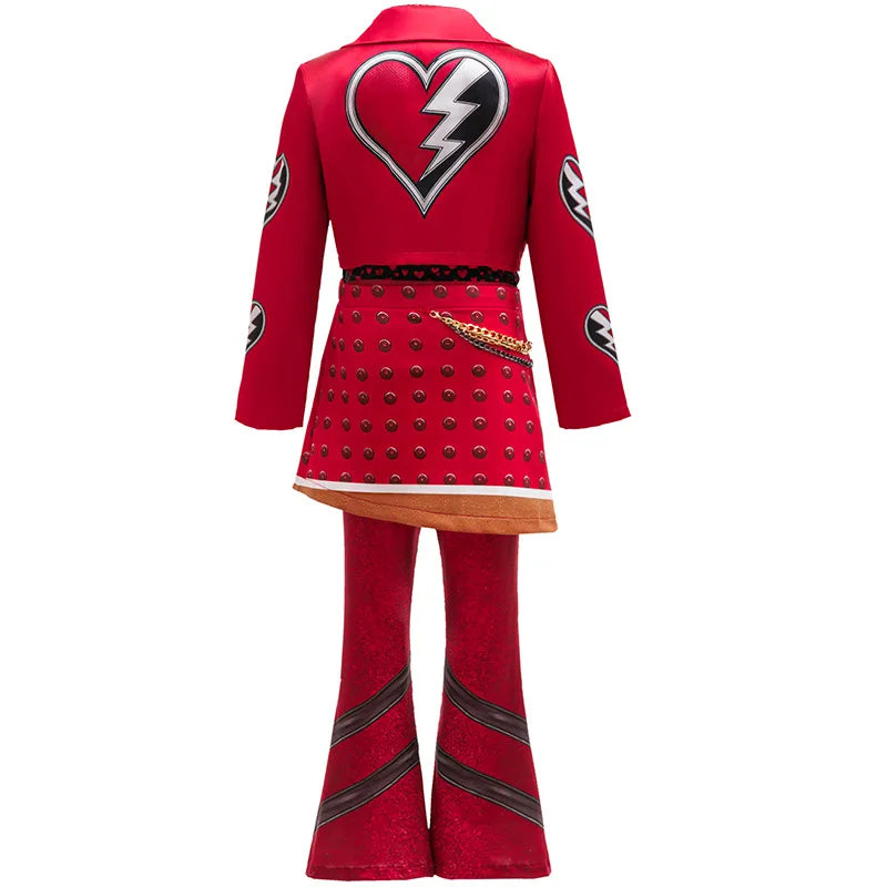2026 New Movie Cosplay Outfit Girls Red Heart Printed 4Pcs Dress Set Jacket+Top+Skirt+Pants Halloween Costume Descendant Cosplay