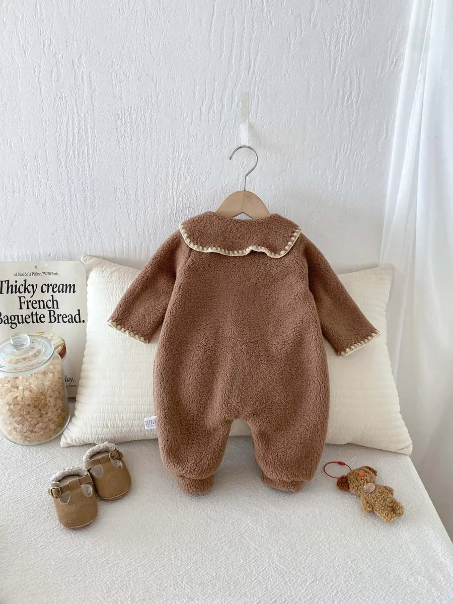 Baby's winter lapel fleece-lined long-sleeved jumpsuit, male and female baby plush long-sleeved jumpsuit, very suitable for goin