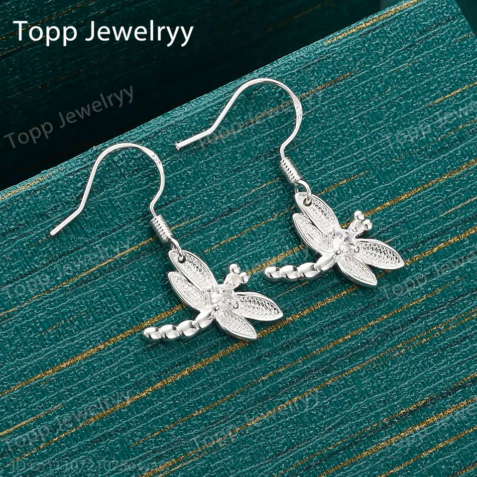 925 Sterling Silver Exquisite Dragonfly Zircon Earrings Fashion Ladies Wedding Gift Accessories Jewelry