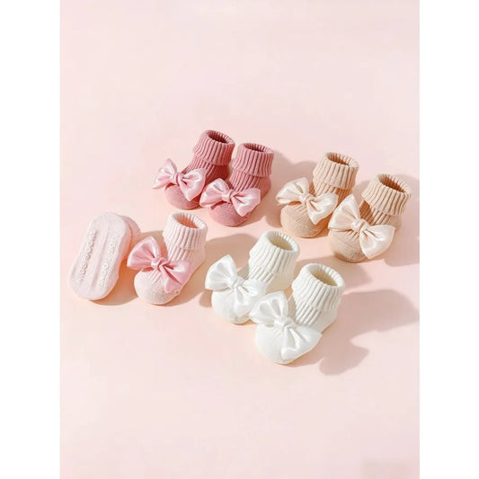 4 Pairs Toddler Socks with Bows, Soft Cotton Cute Ankle Socks for Infants Girls, Fashion Anty-Slip Newborn Baby Socks 0-24 Month