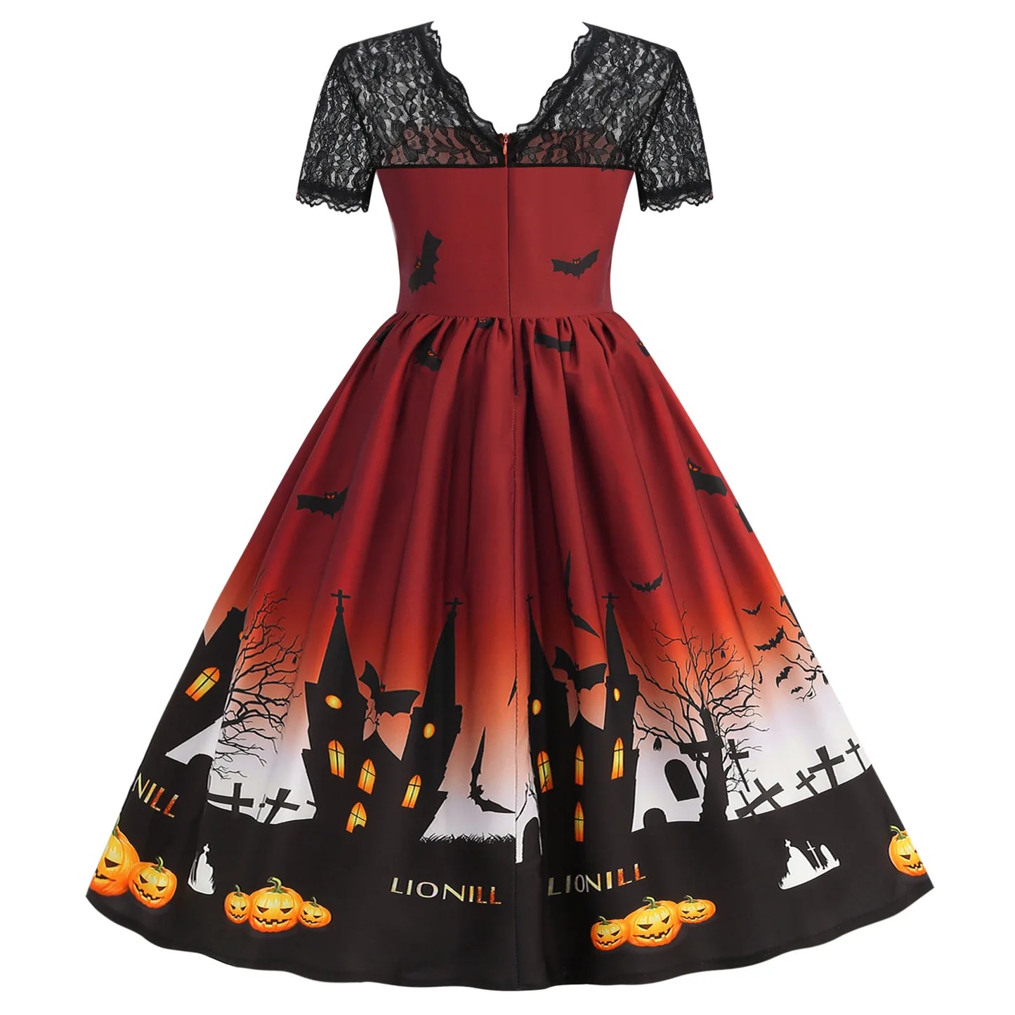 Halloween Gothic Dress Costume - Women's Retro Lace round Neck Short-Sleeved Printed Maxi Dress for Cosplay Party