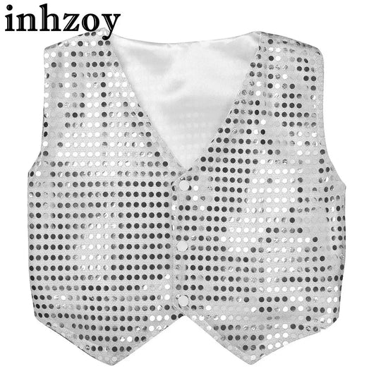 Children Boys Girls Shiny Sequin Vest Waistcoat Hip Hop Jazz Street Dance School Choir Costume Halloween Carnival Party Clothes