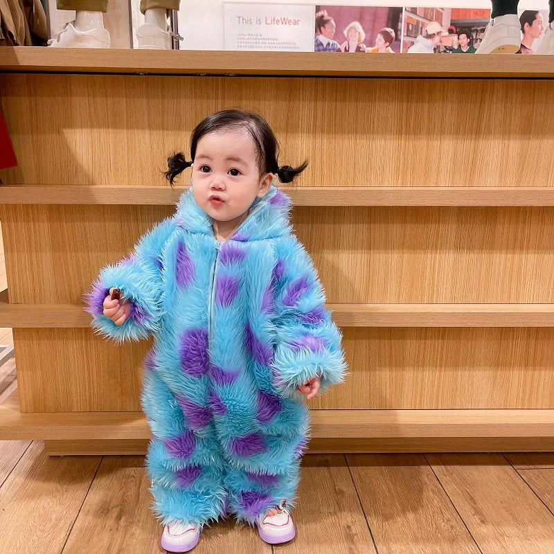 Cute Sully Monster Costume For Kids Halloween Kawaii Outfit Baby Boy Girl Winter Cosplay Clothes Warm Soft Romper Blue Suit
