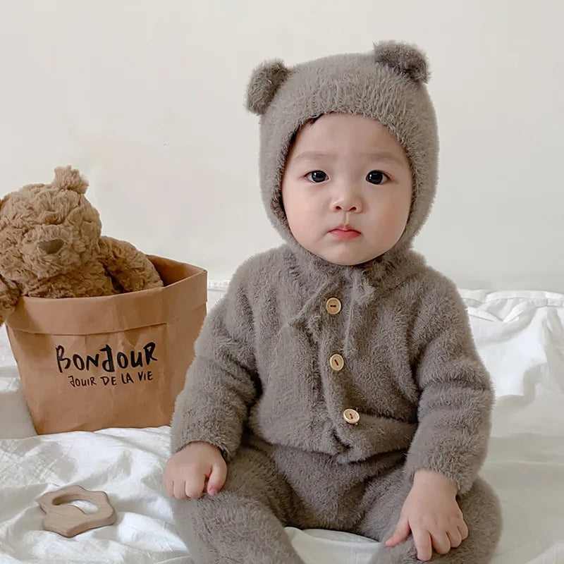 Baby Outfit Newborn Photography Props Mohair Knitted Bear Rompers Footed Jumpsuit Hat 2pcs/Sets Photography Clothing Accessories