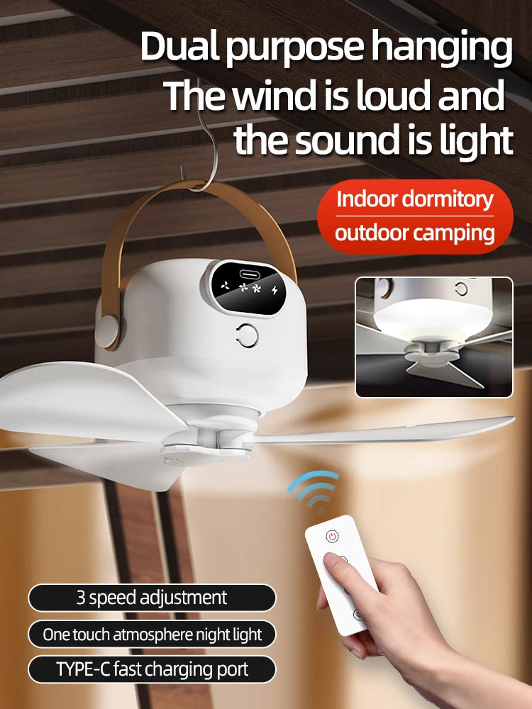 Portable Mini Ceiling Fans Outdoor Camping Fan Tent Ventilator Cooler Rechargeable Electric Fan Remote Control LED Lighting