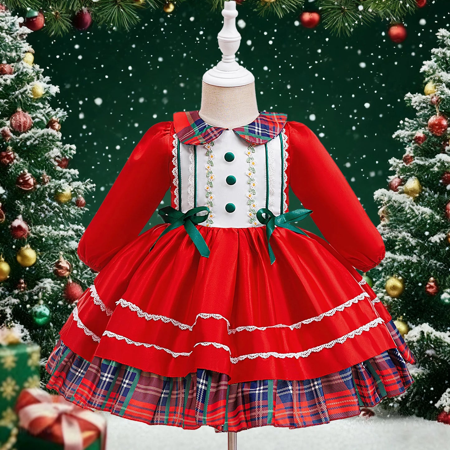 Long Sleeve Plaid Party Baby Dress for Girls Carnival Halloween Christmas Cosplay Costume Elegant Baby Prom 1st Birthday Dresses