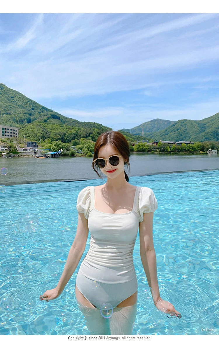 2026 New Women's One-Piece Swimsuit Short Sleeve Thermal Spring Soaking Slimming Waist Cinching Small Chest Student Tie-Bind