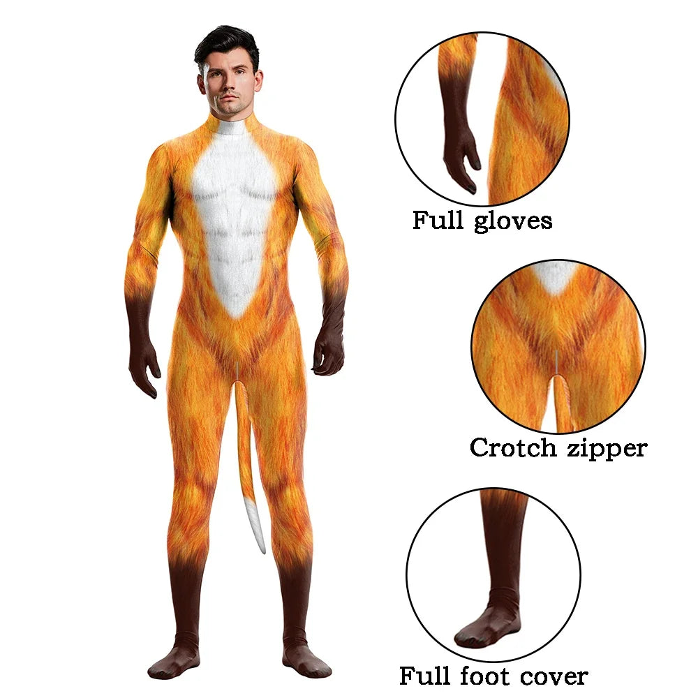 Halloween Cosplay Costume Male Adult Full Cover Elastic Zentai Pet Suit Jumpsuit Print Catsuit Bodysuits with Tail Purim Clothes