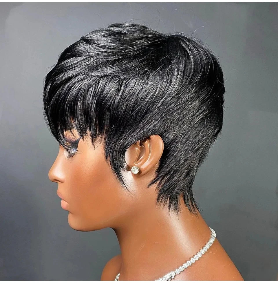Short Pixie Cut Wig Human Hair Ready to Wear Brazilian Human Hair Bob Wig for Women Black Color Full Machine Short Straight Wigs
