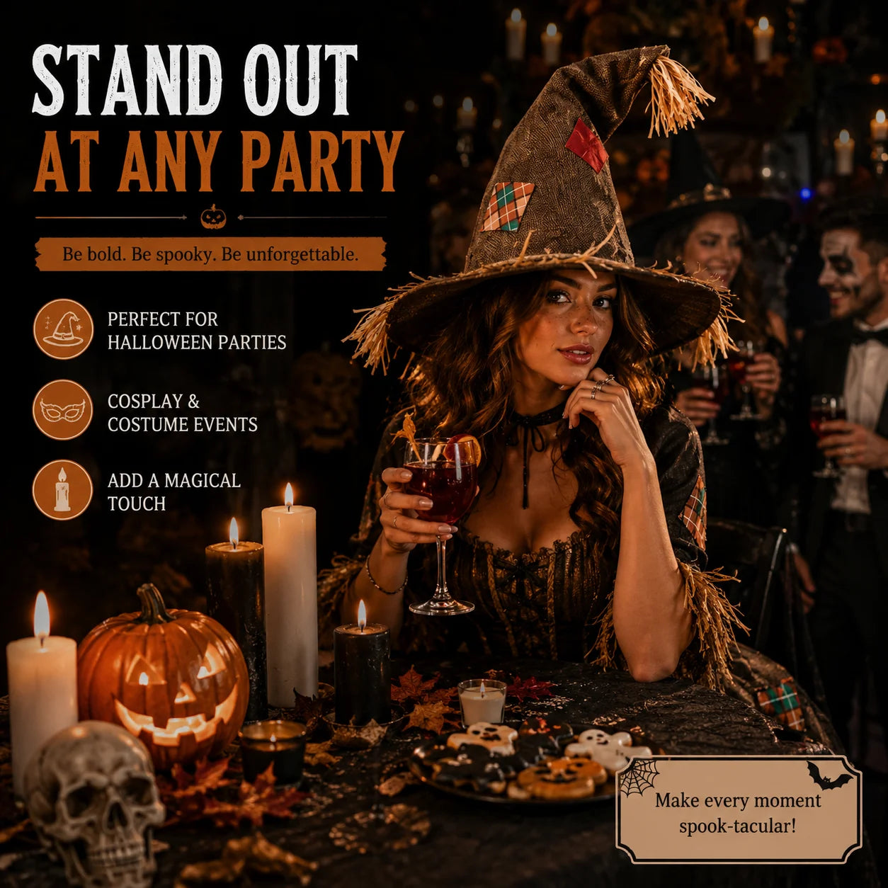 Halloween Witch Hat for Women, Pumpkin Patch Costume Accessory for Fall Festival