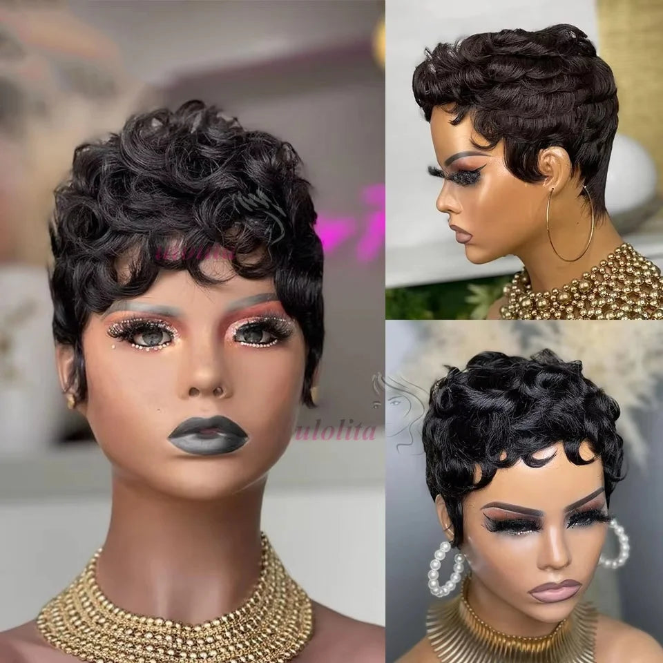 Short Deep Wave Pixie Cut Human Hair Wig Brazilian Remy Wig 180 Density Easy Daily Wear for Black Women