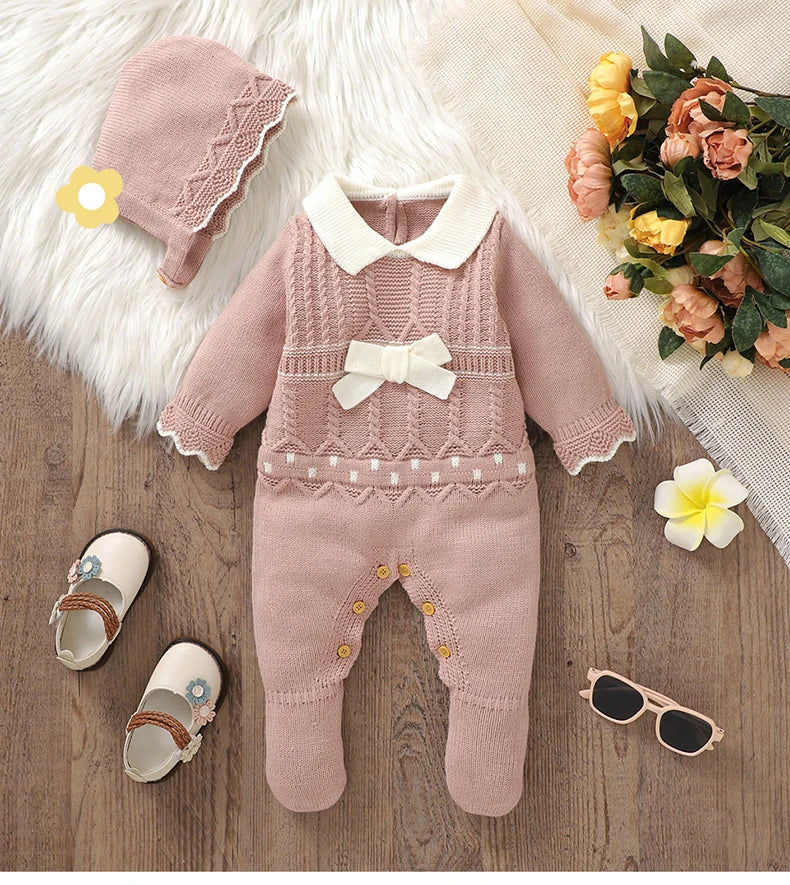 Soft Autumn Winter Baby Girls Rompers + Hat Outfits Multi-colors Available 0-9M Knitted Acrylic Newborn Baby Bodysuit Jumpsuit
